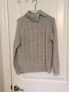 Jennifer Moore Women's Marled Gray Cable Turtleneck Sweater with Button Placket